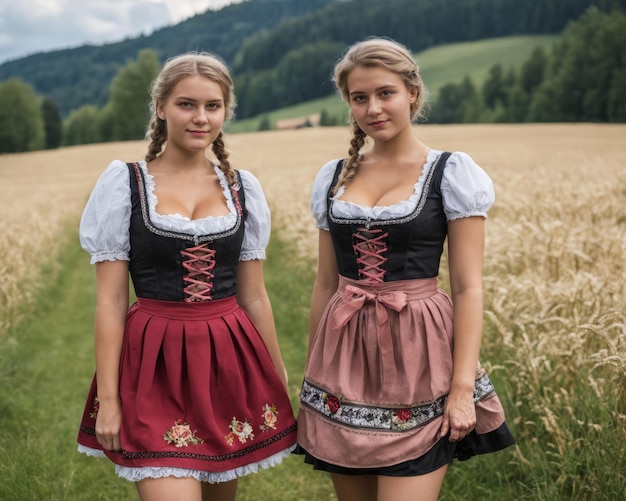 Zwei junge Frauen in bayerischen Kleidern stehen auf einem Feld