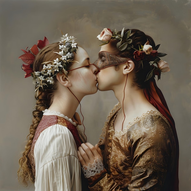 Foto zwei junge frauen in mittelalterlicher kleidung, geschmückt mit blumenkronen, küssen sich im retro-stil