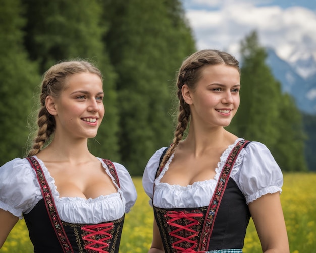 Zwei junge Frauen in traditionellen bayerischen Kleidern posieren für die Kamera
