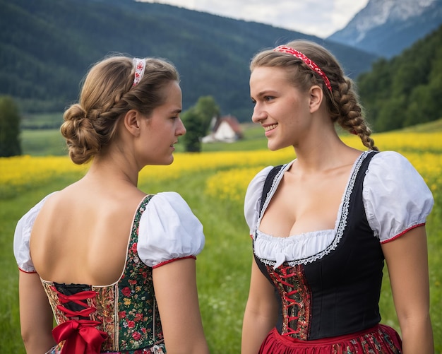 Zwei junge Frauen in traditioneller bayerischer Kleidung