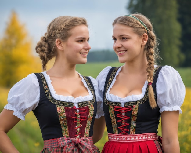 Zwei junge Frauen in traditioneller bayerischer Kleidung