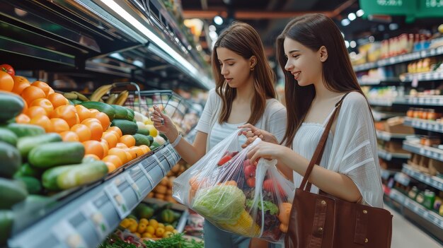 Foto zwei junge frauen kaufen in einem lebensmittelgeschäft