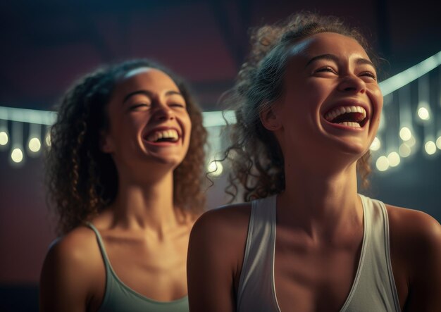 Zwei junge Frauen lachen im Fitnessstudio