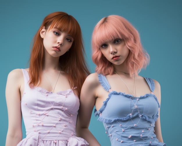 Zwei junge Frauen mit rosa Haaren posieren für die Kamera