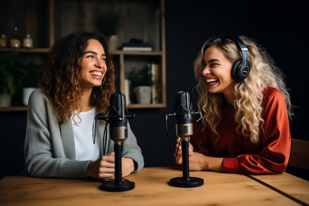 Zwei junge Frauen nehmen einen Podcast auf und lachen gemeinsam Generative Ai