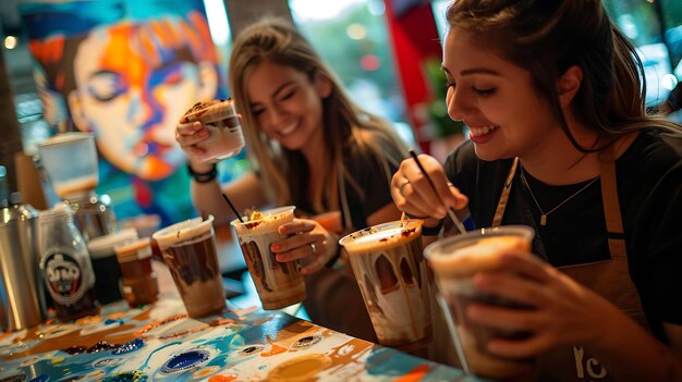 Foto zwei junge frauen sitzen an einem tisch in einem café, beide halten große kaffeetassen und lächeln, lachen und reden.