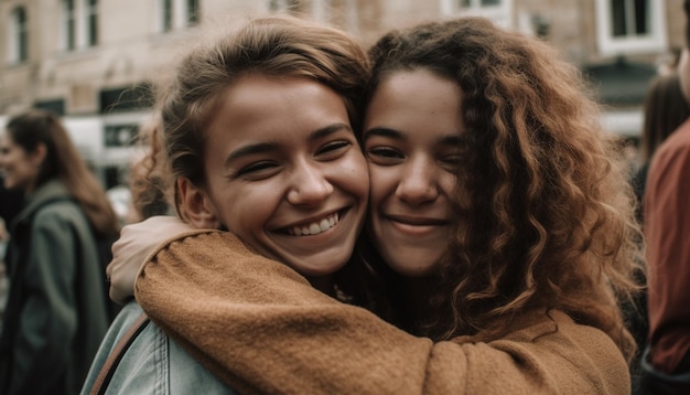 Zwei junge Frauen umarmen sich lächelnd mit offenem Lächeln und blicken in die von KI generierte Kamera