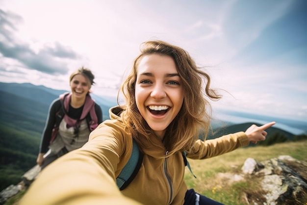 Zwei junge Frauen wandern und machen ein Selfie auf einer Bergspitze