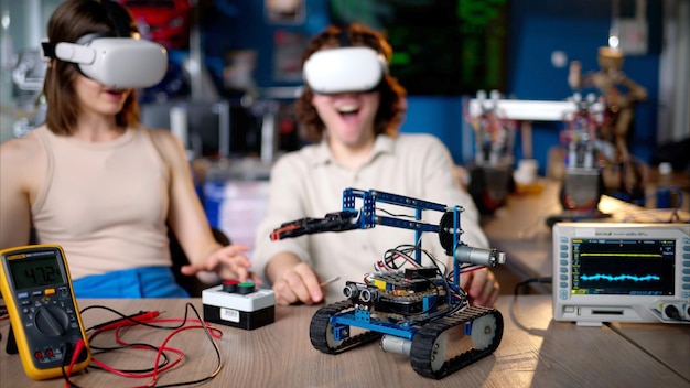 Zwei junge, glückliche Ingenieure reparieren in der Werkstatt ein mechanisches Roboterauto mithilfe der virtuellen VR-Realität