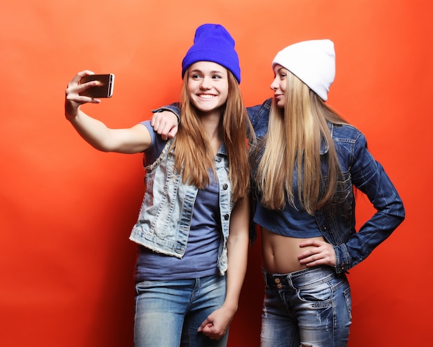 Zwei junge Hipster-Freundinnen, die Selfie nehmen