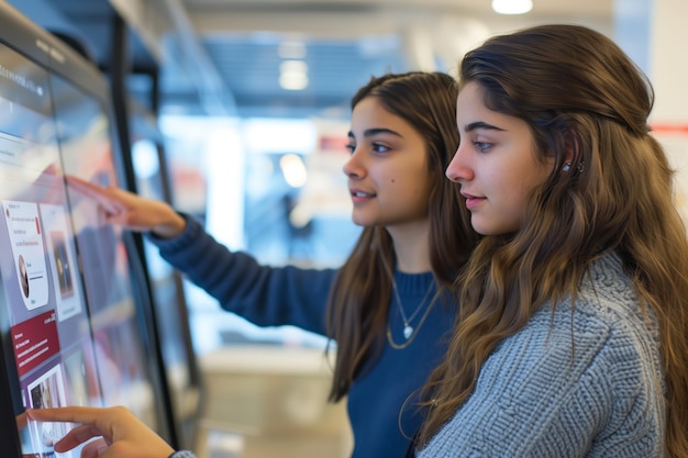 Foto zwei junge hispanische teenager stehen vor einem interaktiven touchscreen in der schule und unterrichten sich selbst über technologie und digitales klassenzimmerkonzept