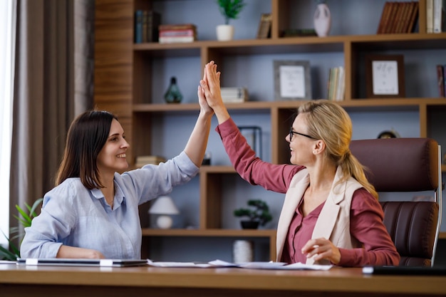 Zwei junge lächelnde Geschäftsfrauen, die im modernen Büro Highfive geben Glückliche weibliche Arbeitnehmer, die Erfolg feiern, gutes Geschäft, neuer Vertrag, gute Ergebnisse des neuen Projekts Kooperations- und Siegeskonzept