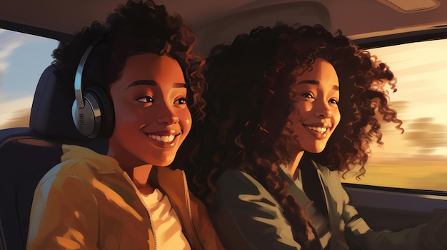 Zwei junge, lockige, dunkelhäutige Mädchen mit Kopfhörern hören Musik und haben Spaß beim Autofahren