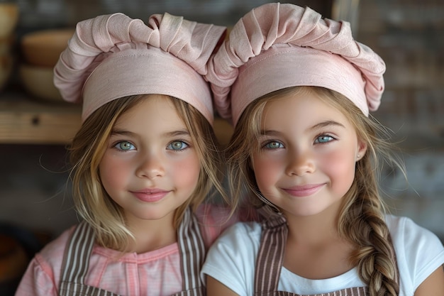 Zwei junge Mädchen in rosa Hüten und Schürzen