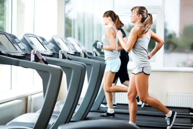 Zwei junge schöne schlanke Frauen in Sportbekleidung, die auf Laufbändern im Fitnessstudio laufen