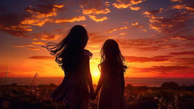 Zwei junge Schwestern vor der Silhouette eines atemberaubenden Sonnenuntergangshimmels