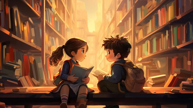 Zwei junge Studenten beschäftigen sich mit dem Lernen und diskutieren über Bücher in der warmen Atmosphäre einer Bibliothek
