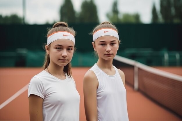 Zwei junge Tennisspieler stehen auf dem mit generativer KI erstellten Platz