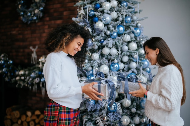 Zwei junge und glückliche beste Freunde und Mitbewohner vor einem Weihnachtsbaum tauschen Neujahrsgeschenke aus Urlaubskonzept
