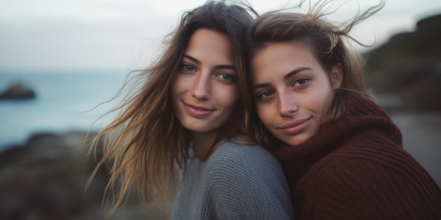 Zwei junge verliebte Frauen, die sich am Strand umarmen Nahaufnahme Porträt von Lesben Generative KI