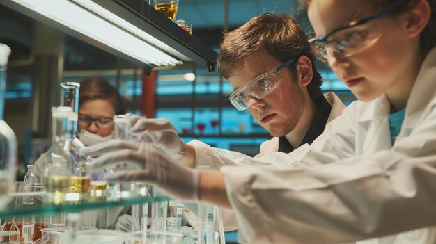 Zwei junge Wissenschaftler, die Labormäntel und Schutzbrillen tragen, arbeiten in einem Labor. Sie gießen Flüssigkeiten von einem Becher in einen anderen.
