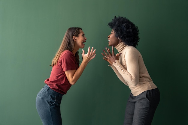 Zwei junge wütende Frauen aus verschiedenen Rassen schreien in einem Studio gegeneinander gegen einen grünen Hintergrund.