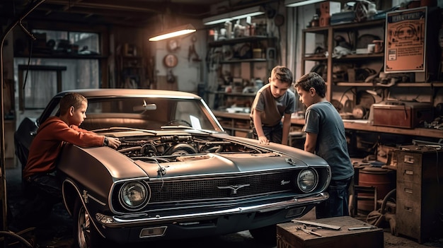 Zwei Jungen arbeiten in einer Garage an einem Auto