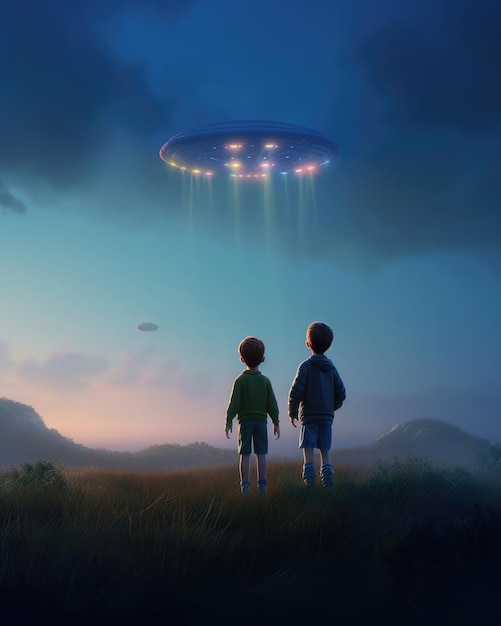 Zwei Jungen betrachten ein UFO, das von einem Jungen geflogen wird.