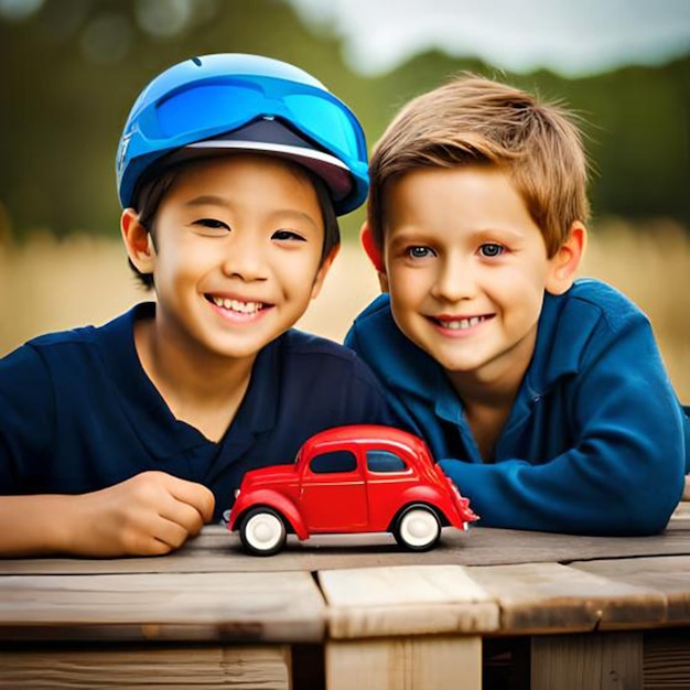 Zwei Jungen mit einem roten Spielzeugauto