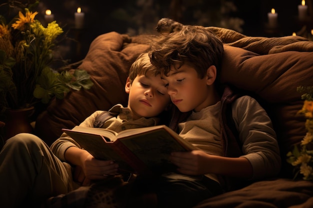 Zwei Jungen schlafen auf einem Bett und lesen ein Buch