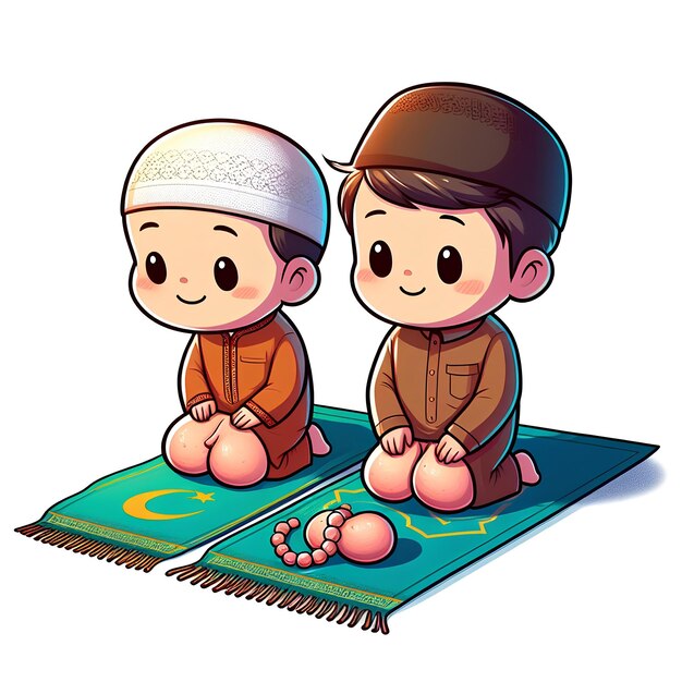 Zwei Jungen sitzen auf Gebetsmatten im Cartoon-Stil mit isoliertem weißen Hintergrund