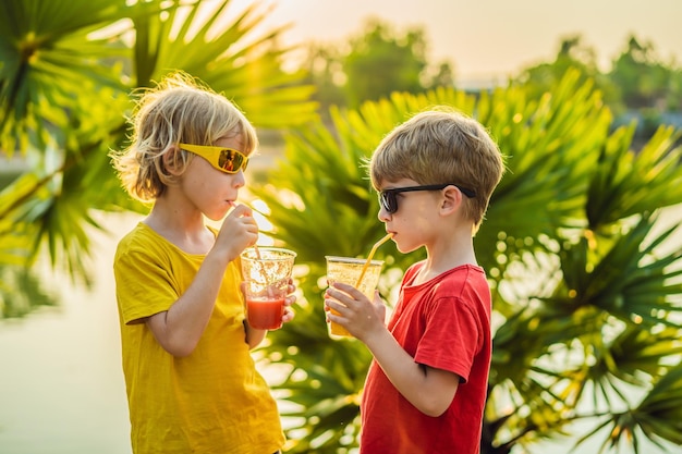 Zwei Jungen trinken gesunde Smoothies vor dem Hintergrund von Palmen Mango- und Wassermelonen-Smoothies Gesunde Ernährung und Vitamine für Kinder