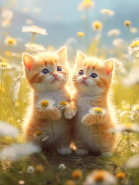 Zwei Kätzchen in einem Blumenfeld