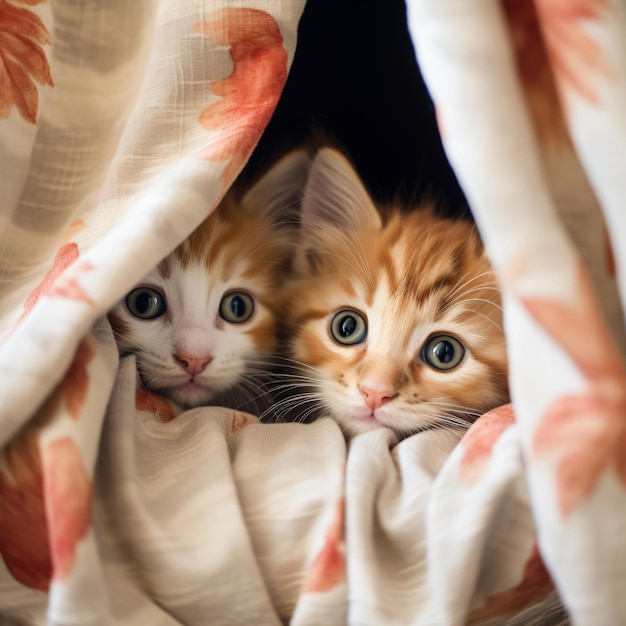 Zwei Kätzchen kuschelten sich in einem gemütlichen Bett mit weichen Decken und Kissen