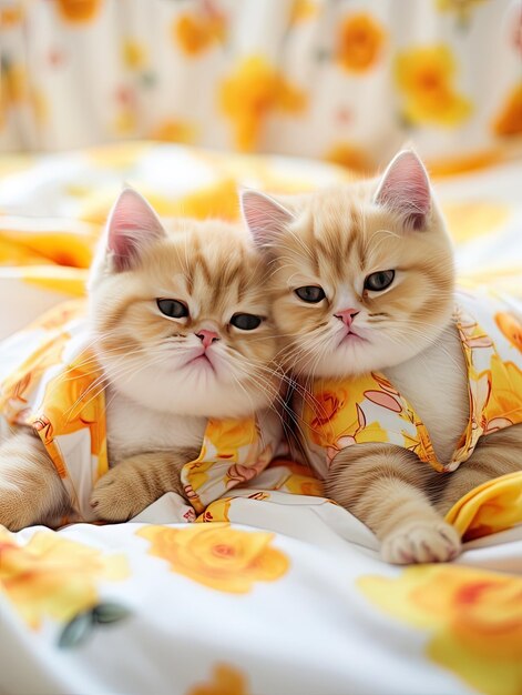 zwei Kätzchen liegen auf einem Bett mit einer gelben und weißen Decke