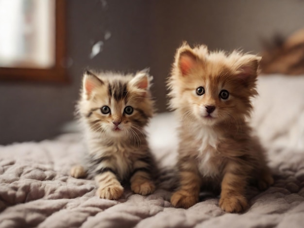 zwei Kätzchen sitzen auf einem Bett mit einem Fenster hinter ihnen