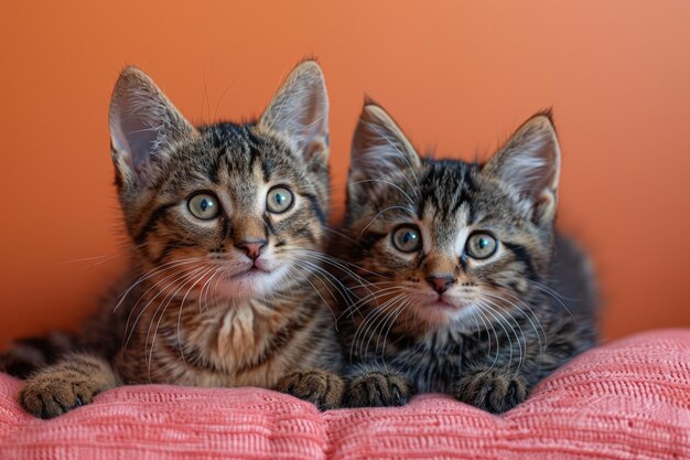 Zwei Kätzchen sitzen auf einer rosa Decke