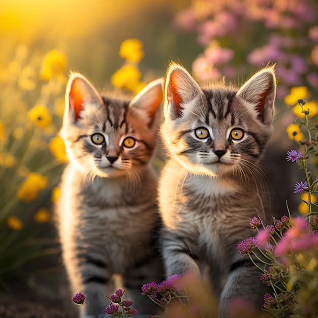 Zwei Kätzchen stehen in einer Blumenwiese