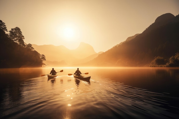 Zwei Kajaks bei Sonnenaufgang auf einem See in den Bergen können eine ruhige und malerische Szenerie der Generativen KI sein