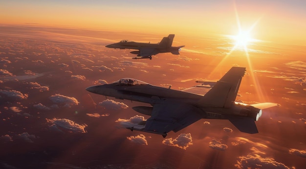 Zwei Kampfflugzeuge fliegen am Sonnenuntergang