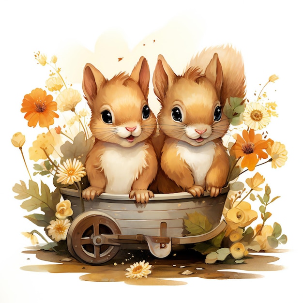 zwei Kaninchen in einem Holzkarren mit Blumen und einer Schubkarre.