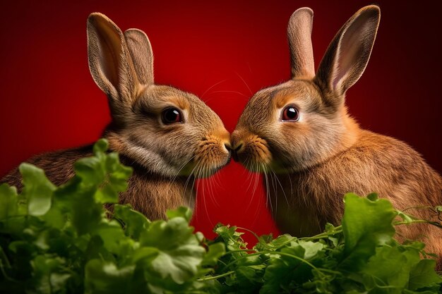 Foto zwei kaninchen küssen sich in einem salatsalat.