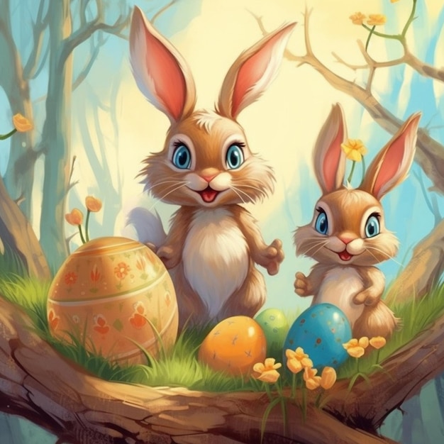 Zwei Kaninchen mit Ostereiern in einem Wald mit generativen Bäumen