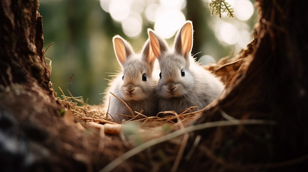Zwei Kaninchen schauen aus einem Nest