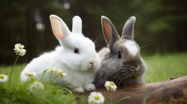 Zwei Kaninchen sitzen auf einem Baumstamm im Gras