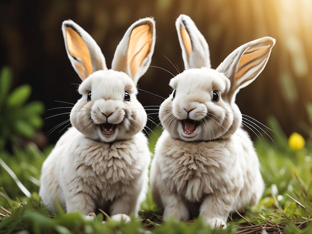 Zwei Kaninchen sitzen im Gras und eines hat einen gelben Hintergrund.