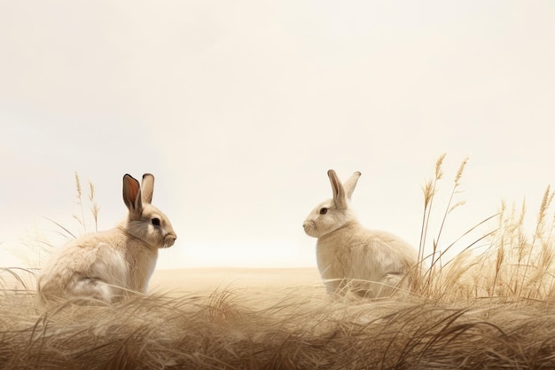 zwei Kaninchen sitzen in einem Feld mit hohem Gras