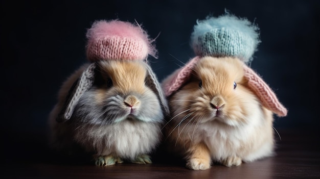 Zwei Kaninchen tragen Hüte mit der Aufschrift „Kaninchen“.