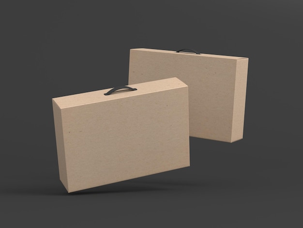 Foto zwei kartons mit griffen mockup fliegen auf dunklem hintergrund verpackung 3d-rendering