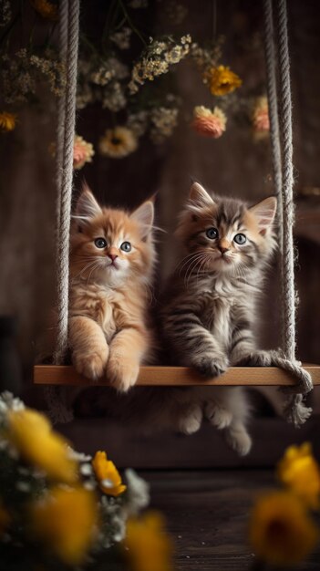 Zwei Katzen auf einer Schaukel mit der Aufschrift „Happy Birthday“ unten rechts